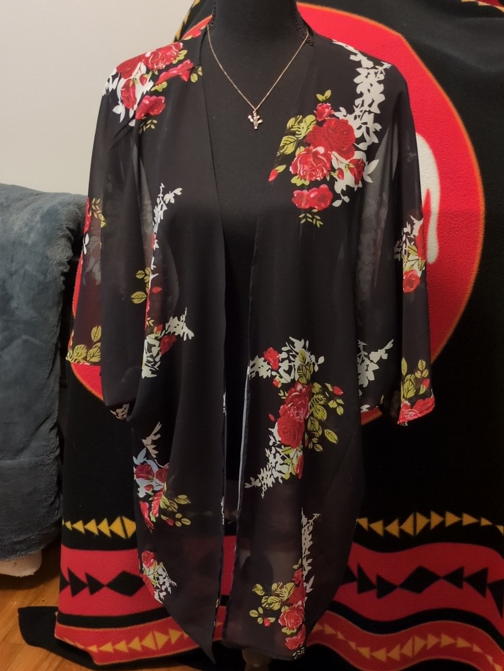 Women’s Black Floral Kimono Cover-Up - (Brand Unspecified)
